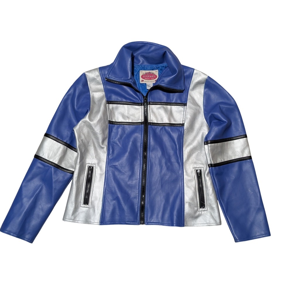 Highway Moto Jacket Womens L Blue Silver Racing Biker Colorblock 2000s Cyber Zip